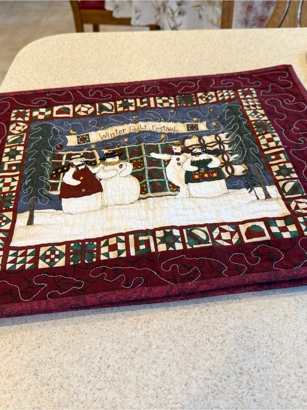 Winter Quilt Guild Snowmen set of 4 placements - Burgundy reversible
